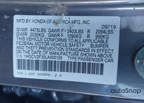 2020 Honda Accord Sport 2.0T z USA, uszkodzony, nr VIN 1HGCV2F30LA000155